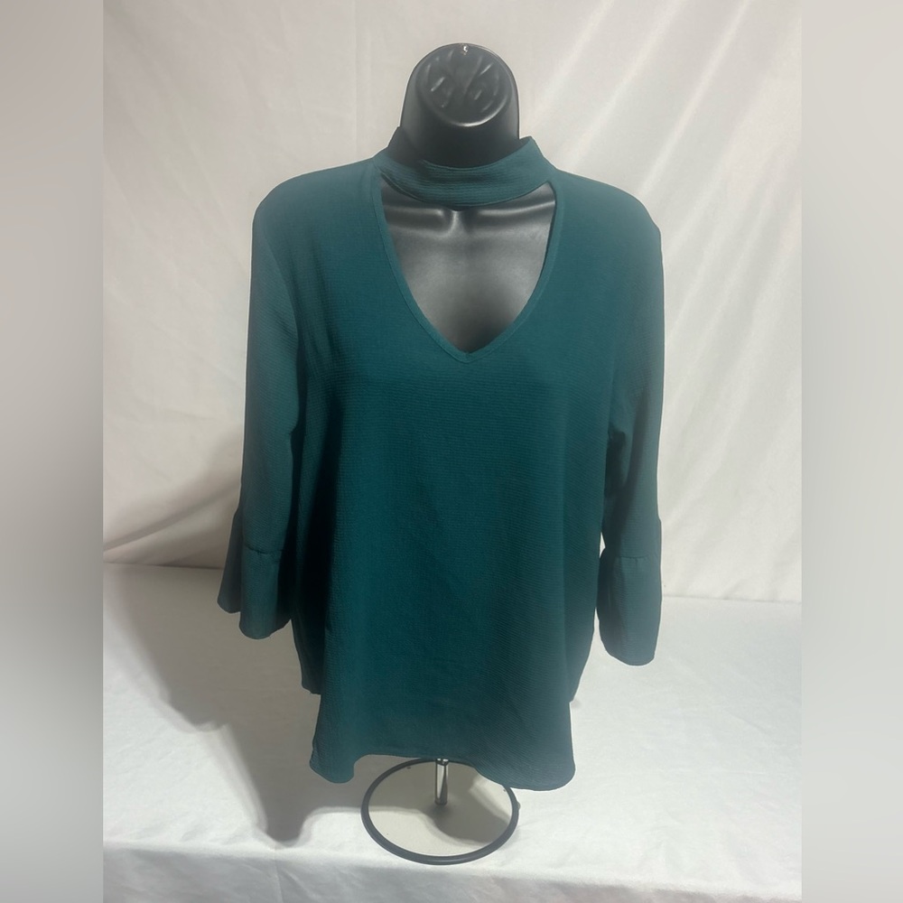 Moa Moa Teal Choker V-Neck Cutout Bell Sleeve Size : Medium